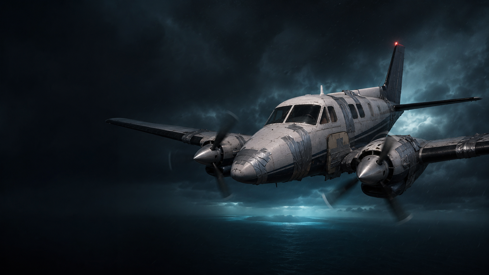 Artistic 3D illustration of a generic twin-engine commuter aircraft wrapped in duct tape, flying through a dark storm